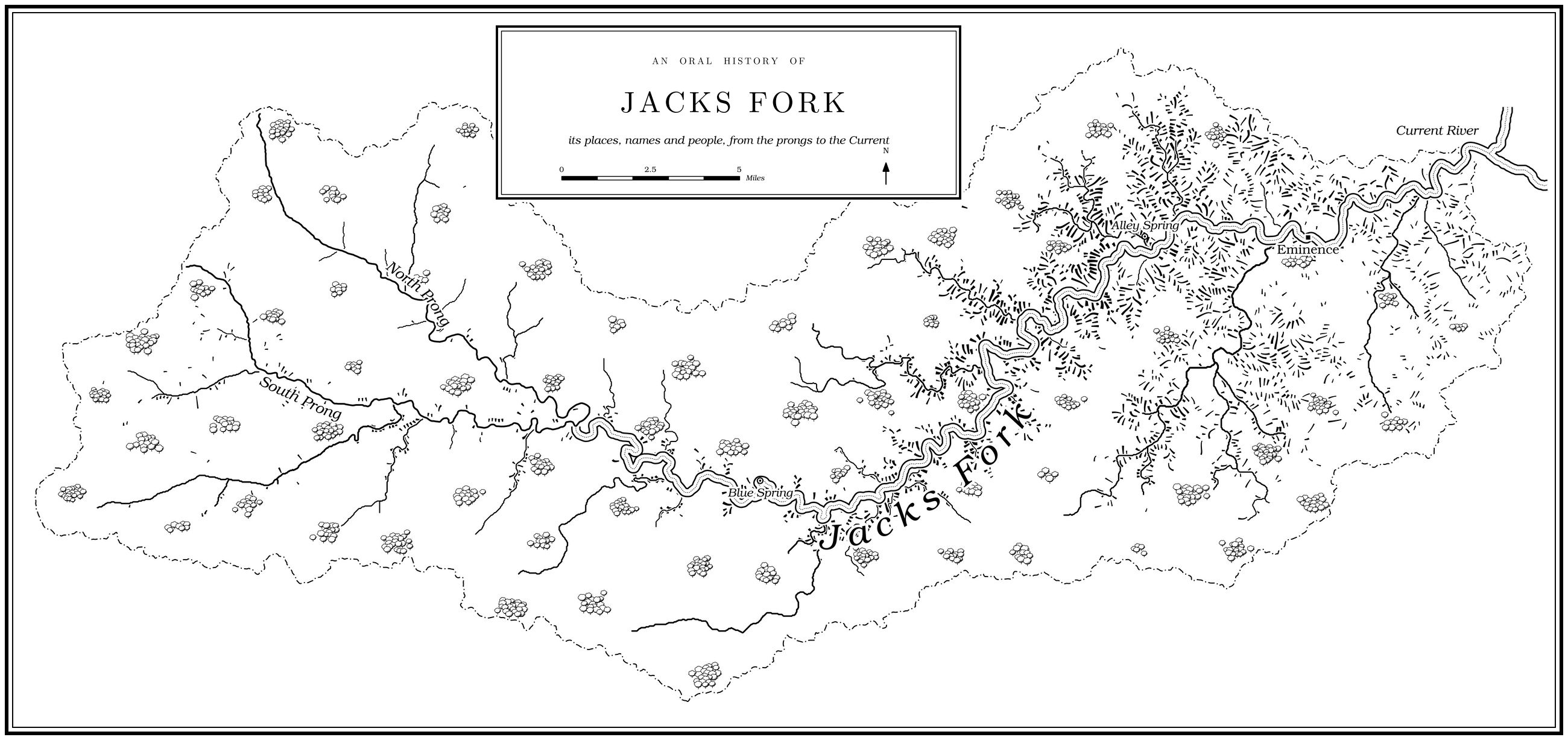 An engraved-style map of the whole Jacks Fork River, from the North and South Prongs past Blue Spring, Alley Spring and Eminence to the Current River, titled: An oral history of Jacks Fork.